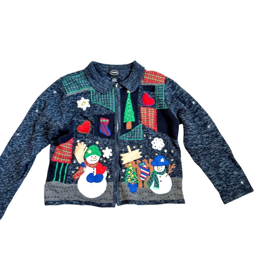Vintage Designer Studio Snowman Patchwork Christmas Sweater SZ Large Multicolor